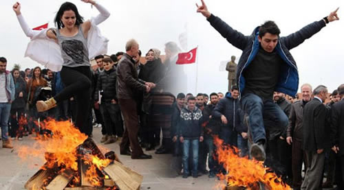Nevruz Bayramı nda etkinliklerin düzenlendiği alana geleneksel bir şekilde Nevruz Ateşi yakılır Ateş tarih boyunca eski Türkler tarafından kutsal olarak sayılmaktaydı Eski Türkler ateşi kutsal saydıklarından dolayı ateşle oynamaz ateşe tükürmez veya ateşi söndürmezdi Ateşin kendilerini kötülüklerden arındırdığını ve hastalıklardan koruduğunu düşünen eski Türkler Nevruz kutlamalarında da ateş yakarak üzerinden atlardı adsbygoogle window adsbygoogle push